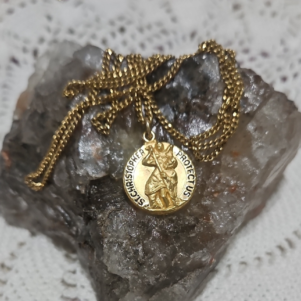 Vintage Gold St. Christopher Medallion Necklace with Gold Chain